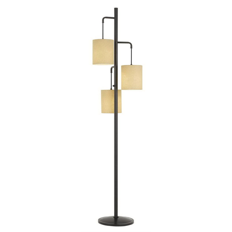 Three Light Traditional Shaped Floor Lamp With Beige Drum Shade - Bronze
