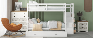 Twin Over Twin Bunk Bed with Trundle and Staircase,White(OLD SKU:LT000068AAK)