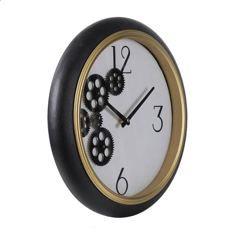 Faux Leather Analog Exposed Gear Round Wall Clock - Black / Gold / White