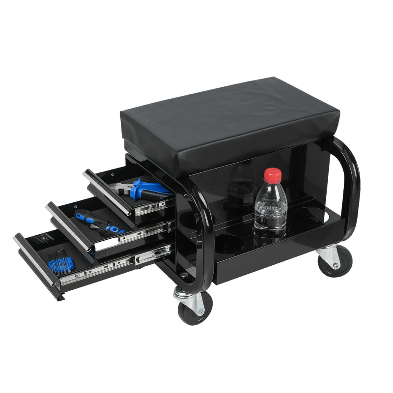 Rolling Creeper Garage Seat With 3 Built In Drawers, Rolling Tool Chest For Shop Or Garage - Black