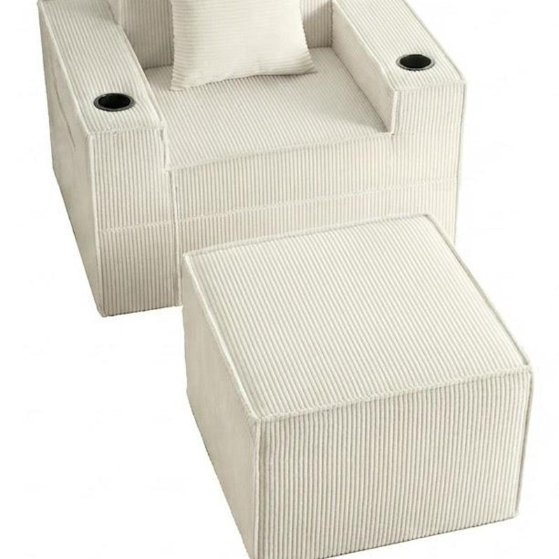 Corduroy Lounge Chair With Ottoman And Toss Pillow - White