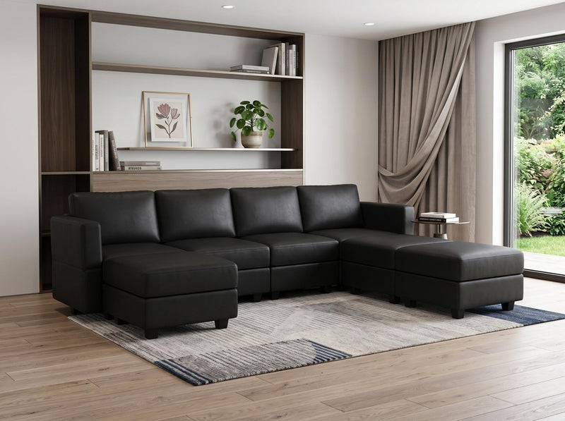 Faux Leather Modular Seven Piece Storage Sectional With Ottomans - Black