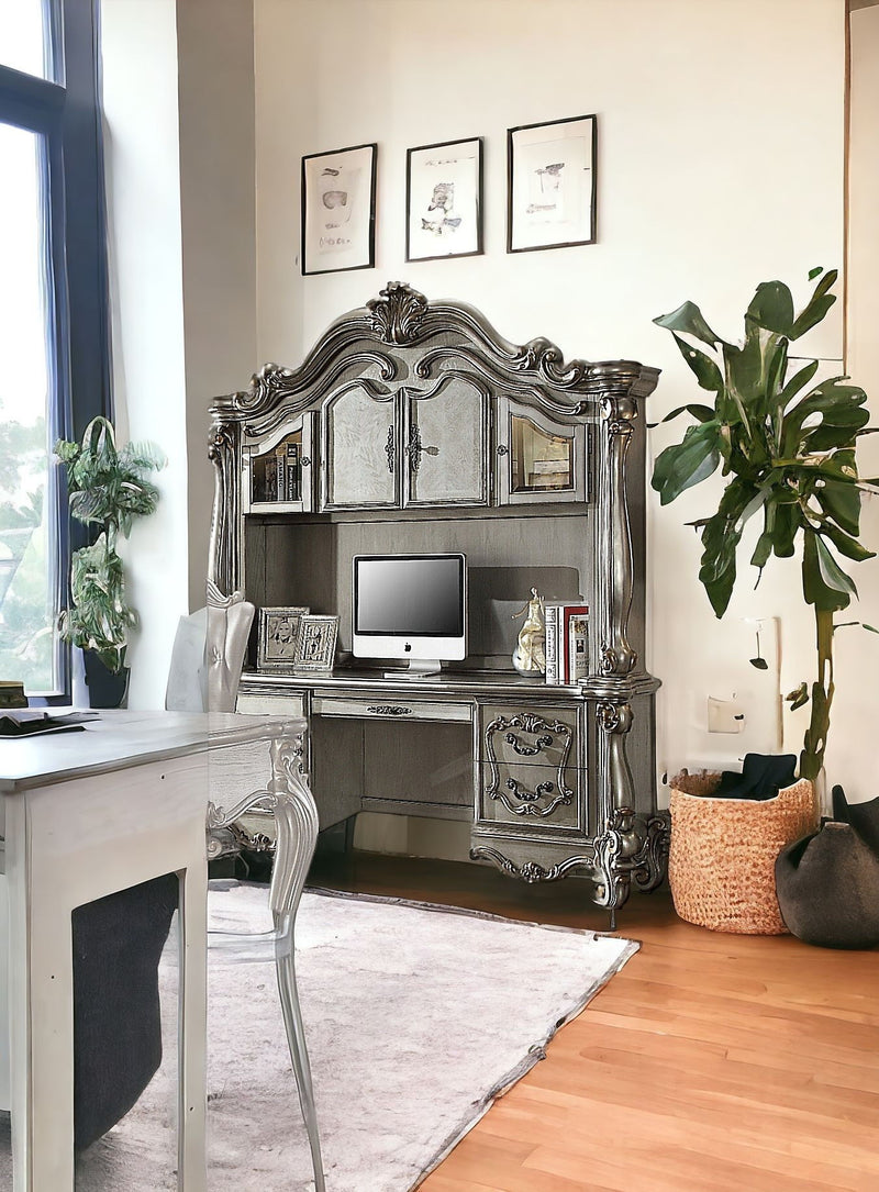 Solid Wood Peninsula Wall Mounted Computer Desk With Four Cabinets Five Drawers - Platinum