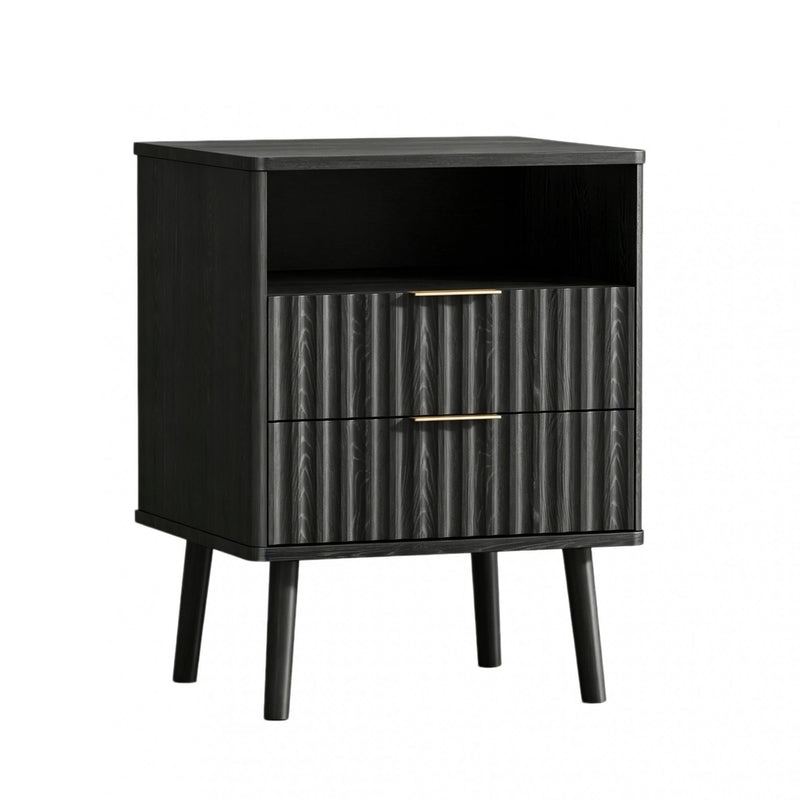 Wood Ribbed Texture Two Drawer Nightstand - Black
