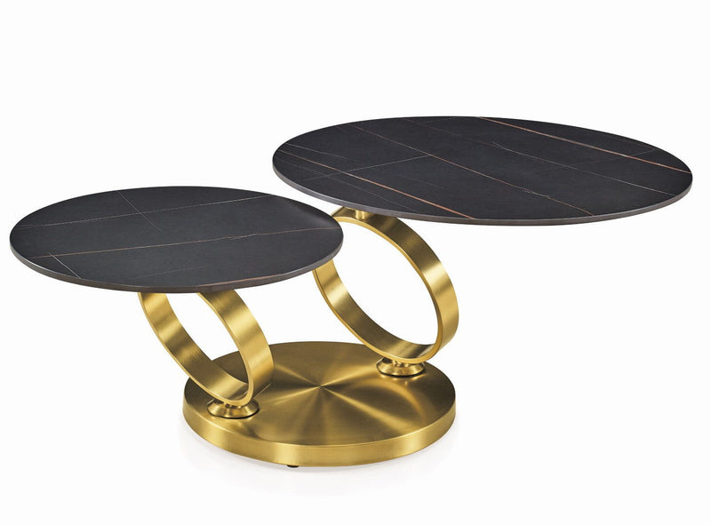 32" Ceramic Tile And Metal Round Distressed Abstract Coffee Table - Black And Gold