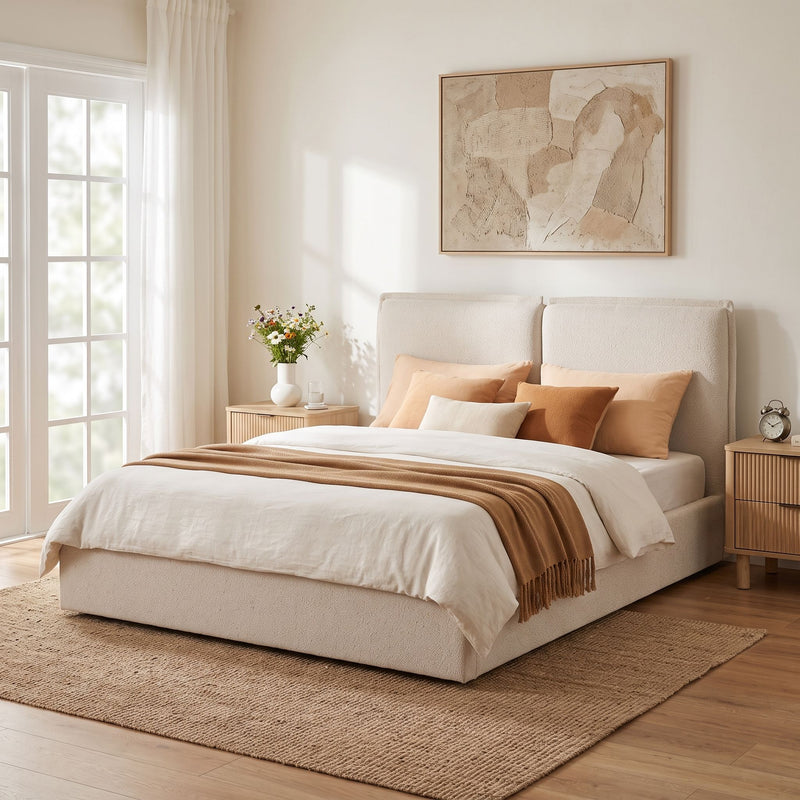 Double Pillow Upholstered Headboard, Skin Friendly Textured Fabric , Queen - Beige
