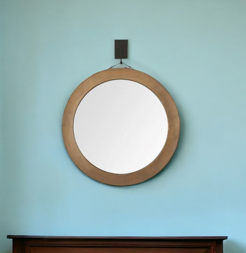 44" Round Framed Rope Hanging Accent Mirror - Brown