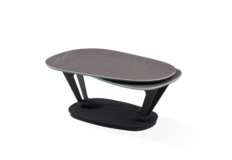 36" Faux Marble And Metal Oval Coffee Table - Gray And Black