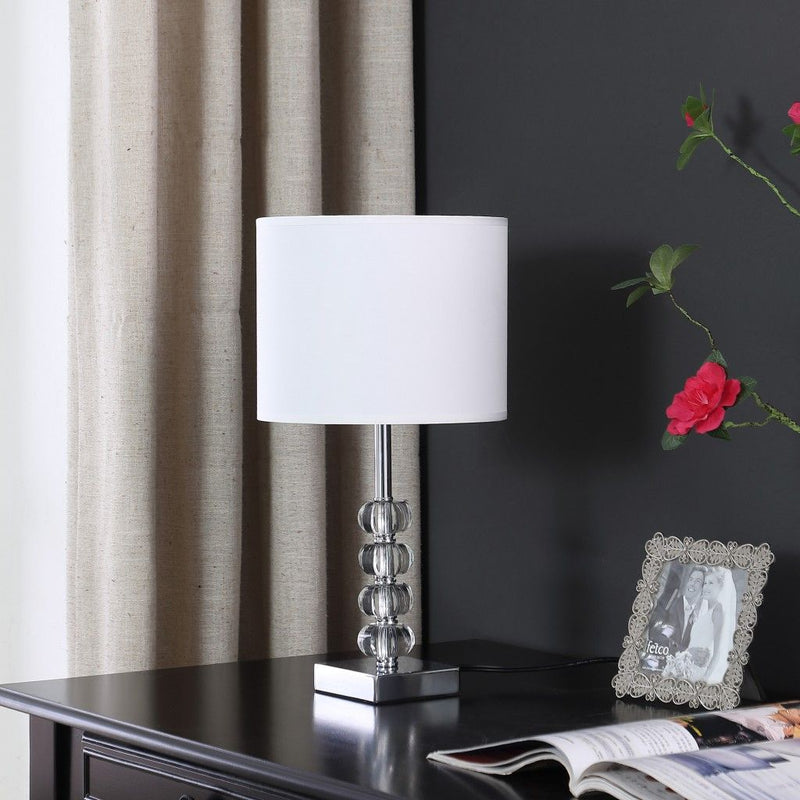 Metal And Glass Orbs Table Lamp With White Drum Shade - Silver