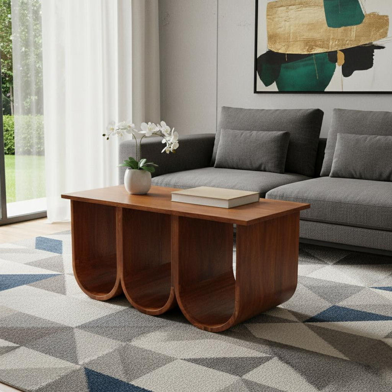 Solid Wood Abstract Coffee Table With Three Shelves - Chestnut