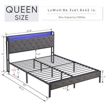 Load image into Gallery viewer, Queen Bed Frame with Storage Headboard, Charging Station and LED Lights, Upholstered Platform Bed with Heavy Metal Slats, No Box Spring Needed, Noise Free, Easy Assembly, Dark Gray
