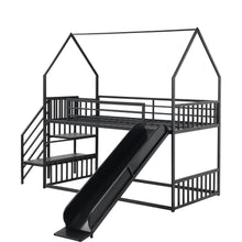 Load image into Gallery viewer, Twin Size Metal Bunk Bed House Bed with Slide and Staircase, Black
