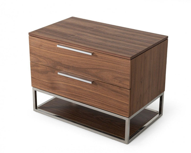 Contemporary Nightstand With Two Drawers - Walnut And Stainless Steel