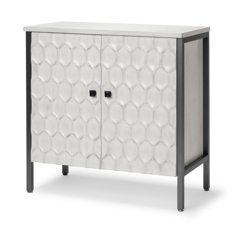 32" Wood And Metal Carved Geometric Accent Cabinet With Two Doors - Gray / White