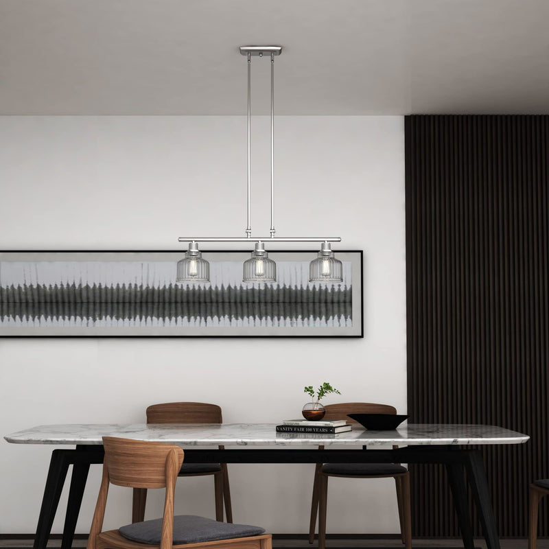 Kitchen Island Three Light Metal Transparent Glass Dimmable Chandelier With Shades - Nickel