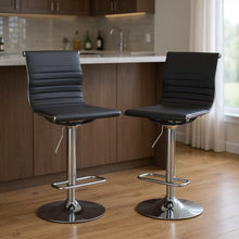 Load image into Gallery viewer, 16" x 19" x 37" Faux Leather And Metal Low Back Adjustable Height Bar Chairs (Set of 2) - Black And Silver
