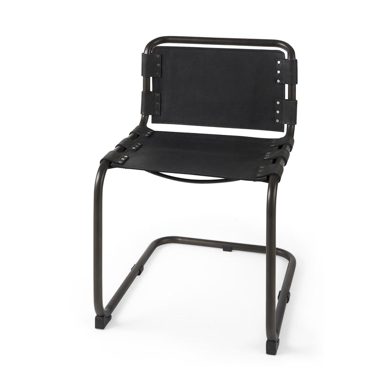 Leather Metal Open Back Dining Side Chair - Black