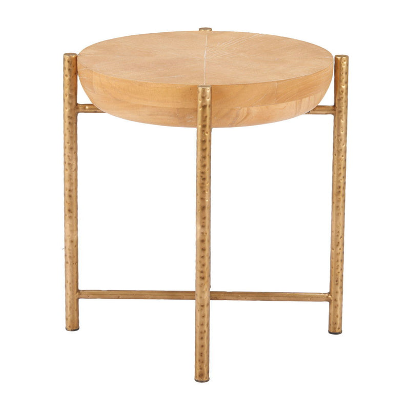 22" Wood And Stainless Steel Round End Table - Natural And Gold