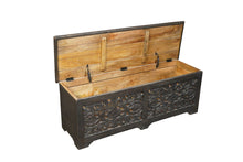 Load image into Gallery viewer, 52" Distressed Solid Wood Carved Floral Storage Ottoman - Black
