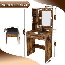 Load image into Gallery viewer, Vanity Table With Mirror, Adjustable LED Lights, Power Outlet, Hairdryer Holder &amp; Stool
