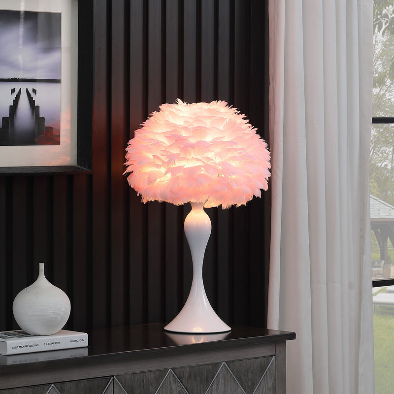 Glam Faux Feather And White Metal Table Lamp - Pink
