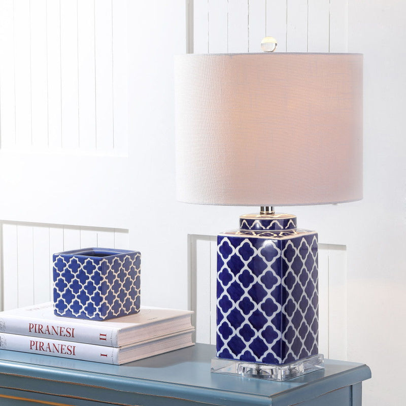 23" Novelty Table Lamp With Drum Shade - Navy Blue / Clear / White