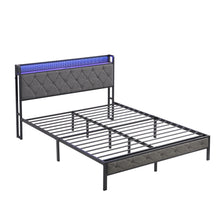 Load image into Gallery viewer, Queen Bed Frame with Storage Headboard, Charging Station and LED Lights, Upholstered Platform Bed with Heavy Metal Slats, No Box Spring Needed, Noise Free, Easy Assembly, Dark Gray
