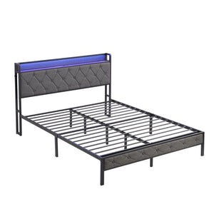 Queen Bed Frame with Storage Headboard, Charging Station and LED Lights, Upholstered Platform Bed with Heavy Metal Slats, No Box Spring Needed, Noise Free, Easy Assembly, Dark Gray