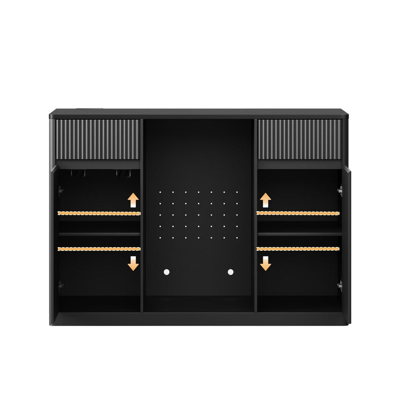 Wood Ribbed Textured Bar Cabinet With Mini Fridge Compartment And USB - Black