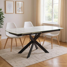 Load image into Gallery viewer, 47" Ceramic And Metal Self-Storing Leaf Cross Leg Base Oval Extendable Dining Room Table - Gray / White
