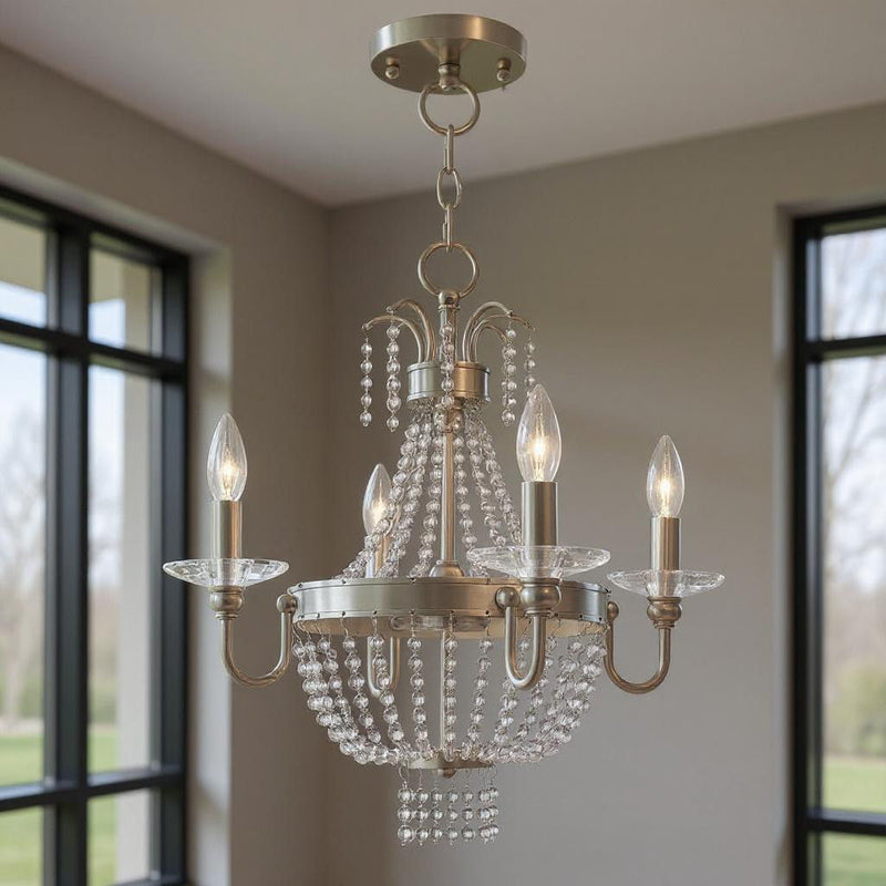 20'' Four-Light Dimmable Chandelier With Shades - Nickel / Pearl Silver