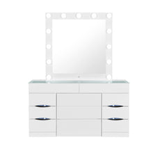 Load image into Gallery viewer, 62" Wood And Glass Six Drawer Vanity Table With Mirror Seating And Lights - White
