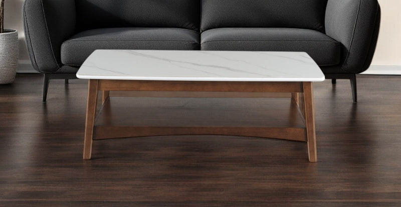 Stone Rectangular Coffee Table With Shelf - Walnut And White