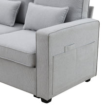 Load image into Gallery viewer, [VIDEO provided] [New] 114.2&quot; Upholstered Sofa with Console, 2 Cupholders and 2 USB Ports Wired or Wirelessly Charged, Modern Linen Fabric Couches with 4 Pillows for Living Room, Apartment (4-Seat)
