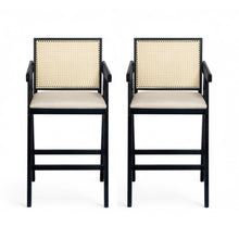 Load image into Gallery viewer, Woven Cane Plastic Backrest Bar Stool Foam Padded Fabric Seat &amp; Durable Rubberwood Frame - Cream Gray
