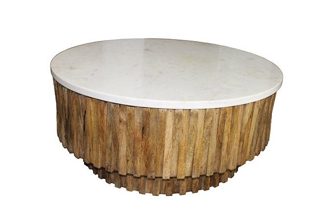 Round Marble Top And Wooden Strips Coffee Table - Brown and White