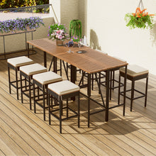 Load image into Gallery viewer, Outdoor Acacia Wood Bar Height Table And Eight Stools With Cushions
