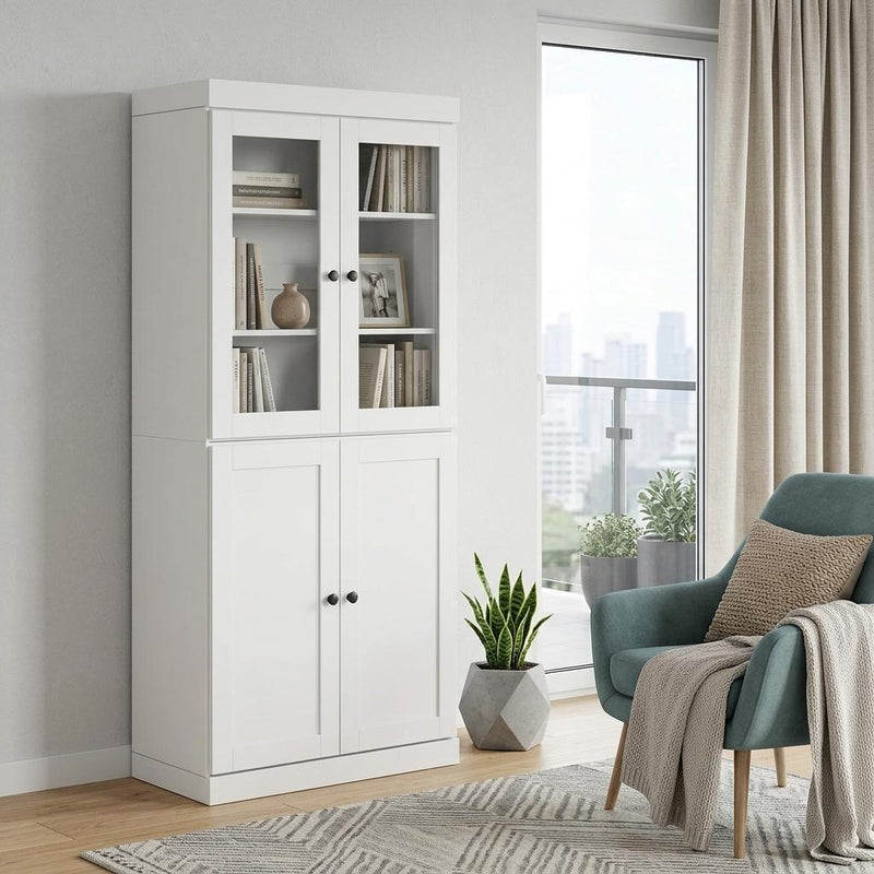 Solid Wood Adjustable Six Tier Library Bookcase With Four Doors (751505) - White