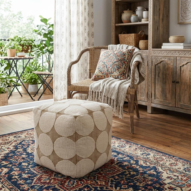 Cotton Blend Geometric Cube Pouf Ottoman - Beige Khaki And Natural
