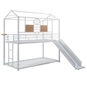 Twin Over Twin Metal Bunk Bed ,Metal Housebed With Slide,Three Colors Available.(White with White  Slide)(OLD SKU :LP000095AAK)