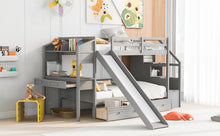 Load image into Gallery viewer, Twin over Twin Bunk Bed with Storage Staircase, Slide and Drawers, Desk with Drawers and Shelves, Gray
