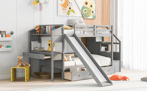 Twin over Twin Bunk Bed with Storage Staircase, Slide and Drawers, Desk with Drawers and Shelves, Gray