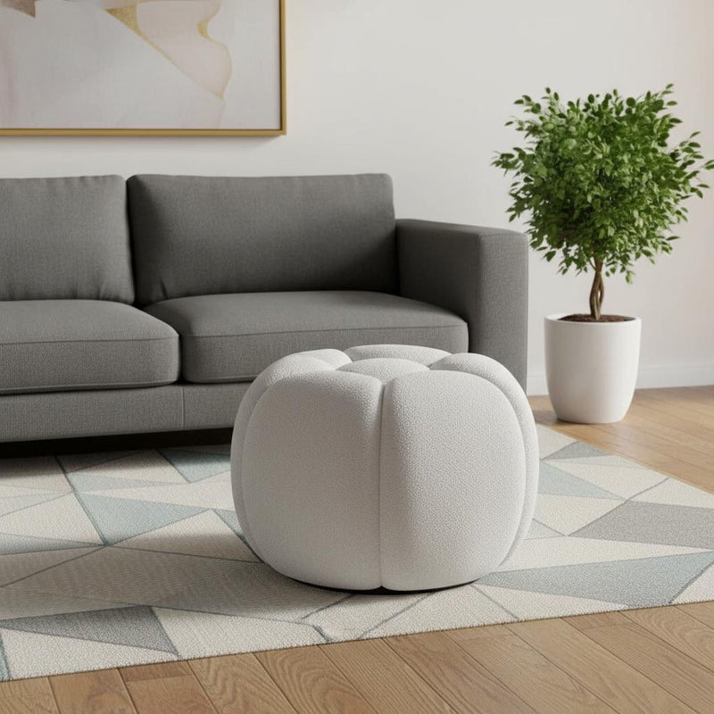 Tufted Boucle Round Ottoman - White