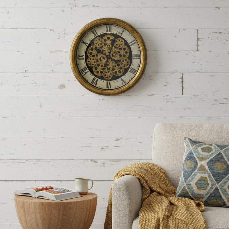 Silent Skeleton Exposed Gear Round Wall Clock (626342) - Antiqued Gold / White / Black