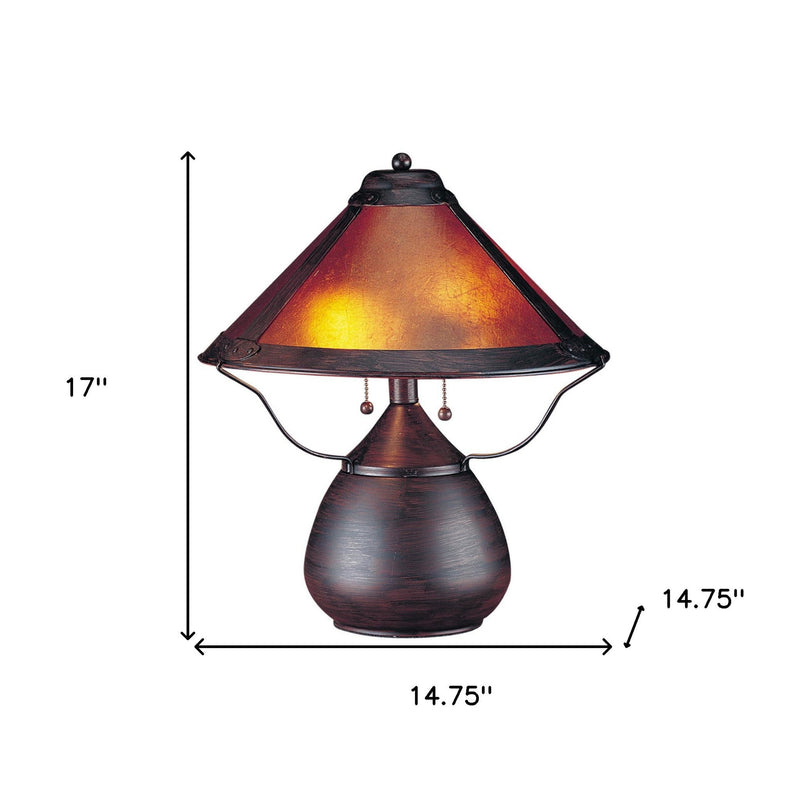 Metal Two Light Round Table Lamp With Amber Empire Shade - Rust