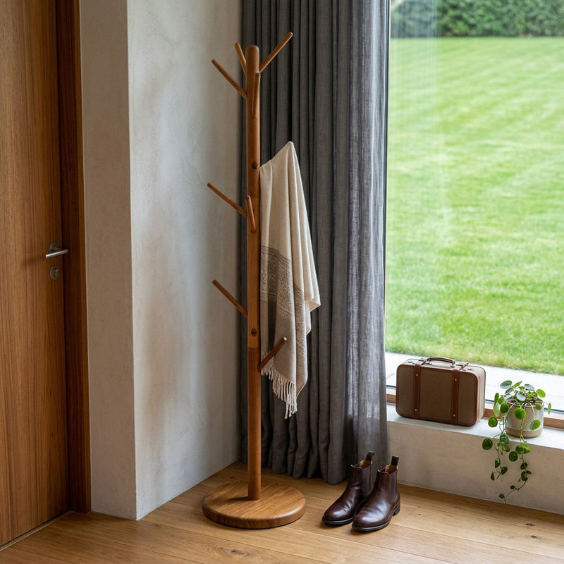 Solid Wood Ten Hook Freestanding Coat Rack - Brown