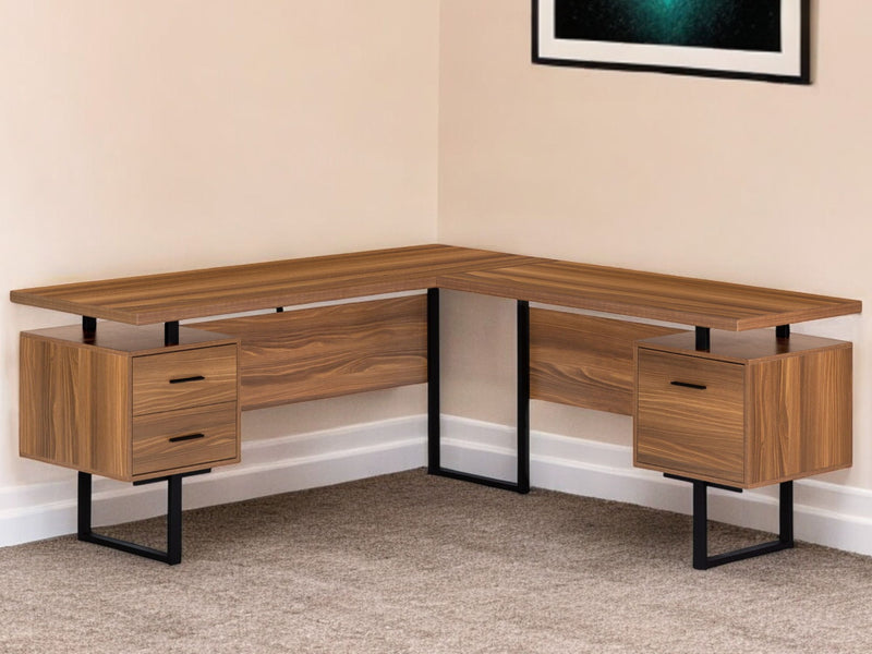 71" L Shape Computer Desk With Three Drawers - Brown And Black