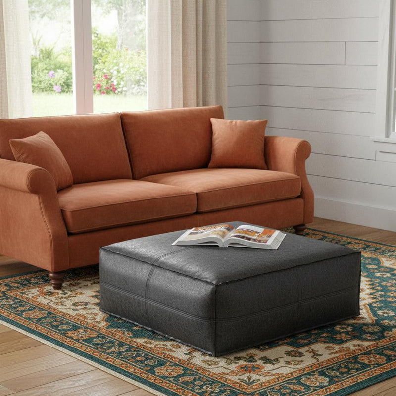 36" Faux Leather Pouf Ottoman - Black