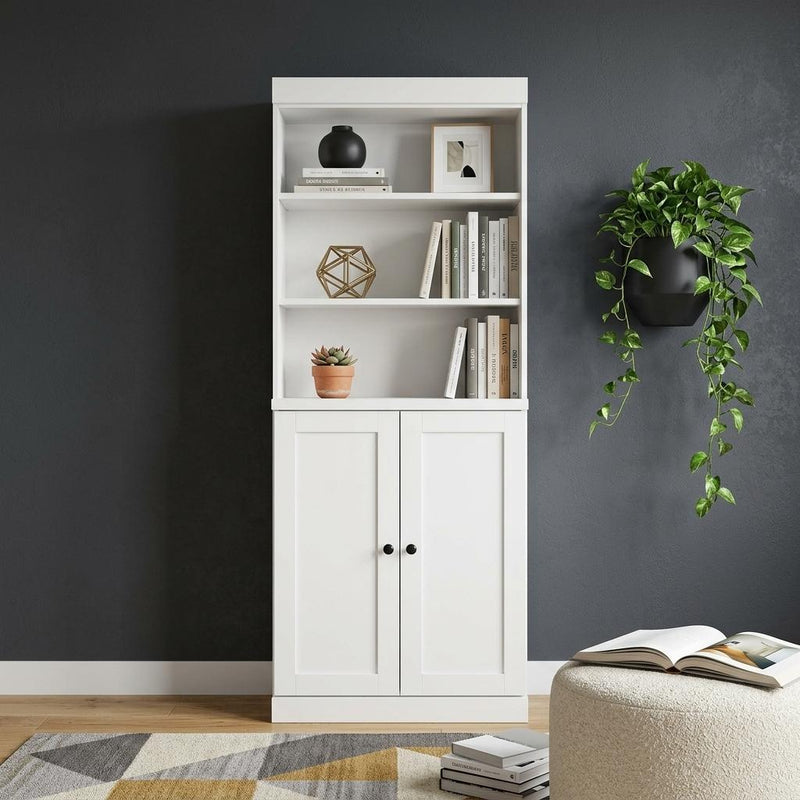 Solid Wood Adjustable Six Tier Library Bookcase With Two Doors - White