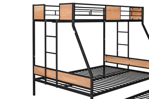 Metal Twin over Full Bunk Bed with Trundle/ Heavy-duty Sturdy Metal/ Noise Reduced/ Safety Guardrail/ Wooden Decoration/ Convenient Trundle / Bunk Bed for Three/ CPC Certified/ No Box Spring Needed